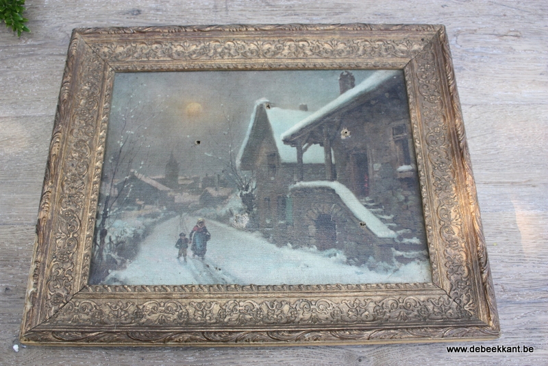 Antiek Franse kadertje lijstje met schilderij met sneeuwlandschap